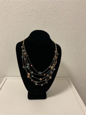 Layered Beaded Multi-Strand Necklace - Gold and Blue